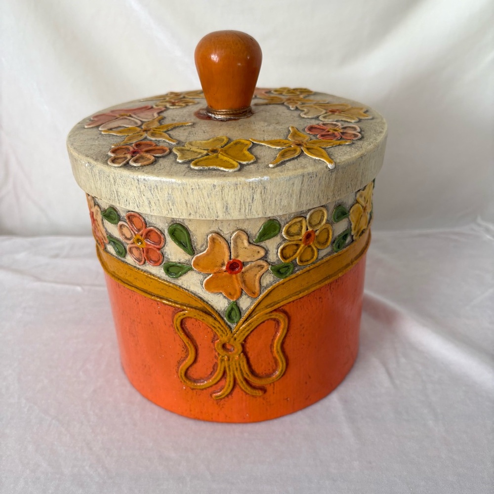 Vintage floral orange 70s paper mache storage canister home decor accent trinket